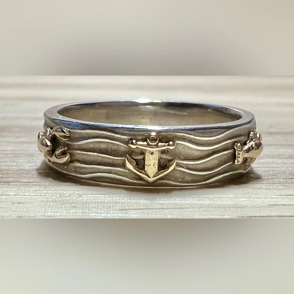 Handmade Sterling Silver & 14K Gold Nautical Anchor & Lobster Band Ring, Size 7